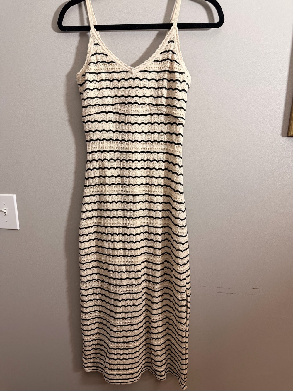 Hollister Cream and Black Striped Crochet Maxi Dress with Spaghetti Straps